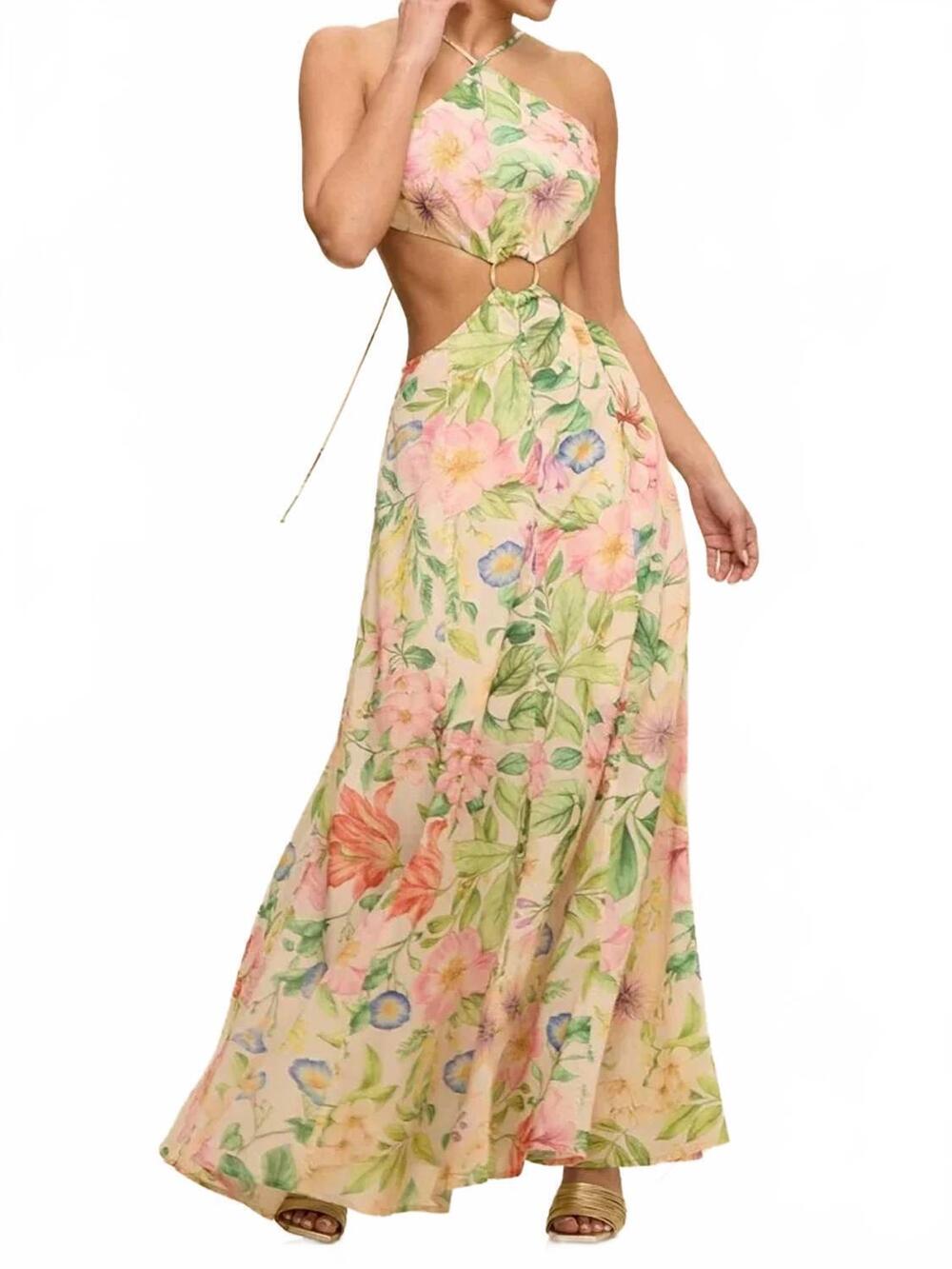 NEW LUXXEL botanical ring maxi dress in blush multi